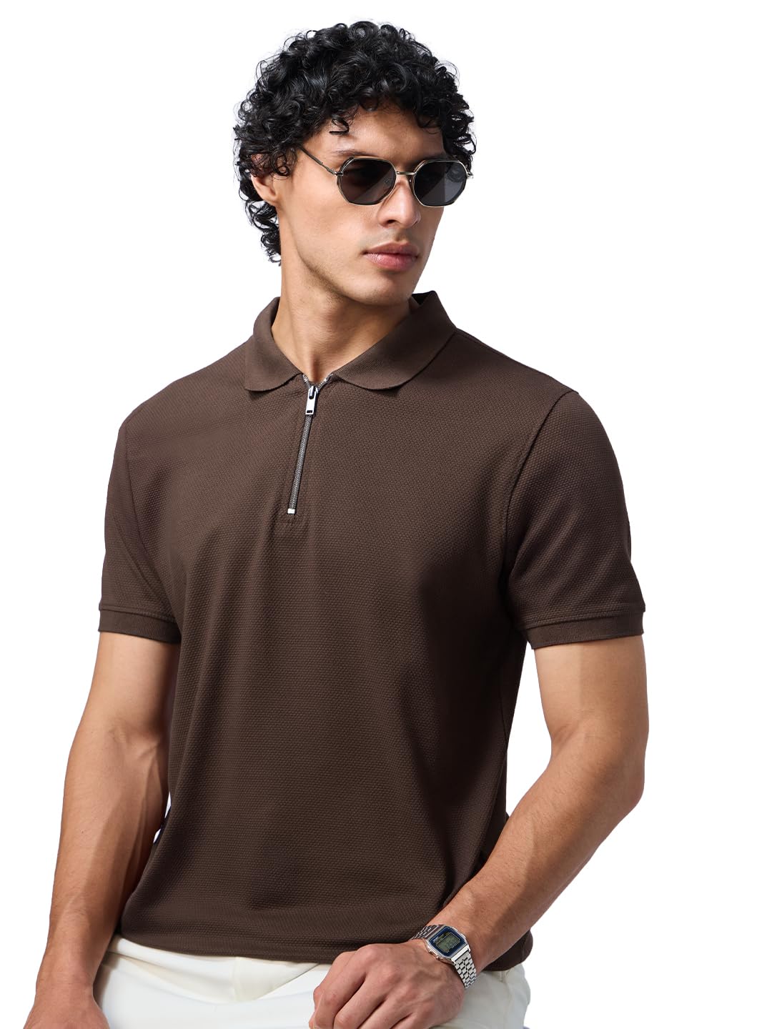 Popcorn: Dark Mocha Men and Boys Short Sleeves Collared Neck Solid Cotton Blend Regular Fit Zipper Polos-image-48