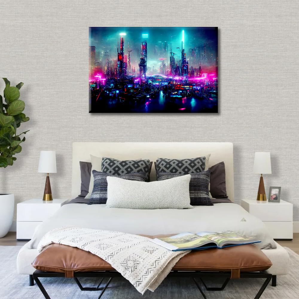 1 panel de lienzo para pared, diseño futurista de Ciudad Cyberpunk llena de luces de neón por la noche, imagen para sala de estar, estilo retro futuro, arte pixelado, pintura moderna, decoración de