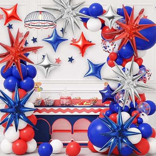 Image of TONIFUL 18Pcs 22Inch Red Blue Silver Explosion Star Mylar Balloons and 10Inch Four Pointed Star Balloons Set for Christmas New Year Birthday Wedding Independence Day Anniversary Photo Booth Supplies
