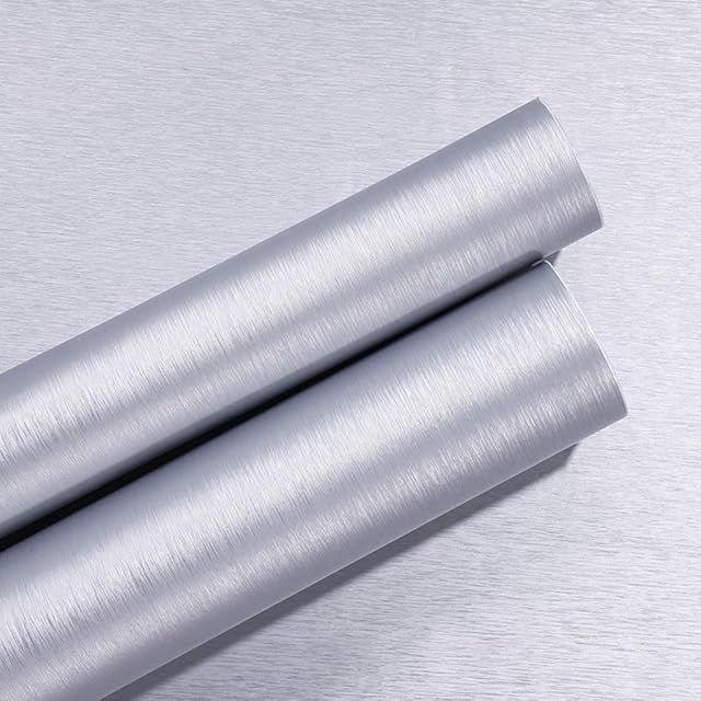 Taogift Self Adhesive Vinyl Film Silver Brushed Metal Stainless Steel Wallpaper Furniture Sticker Paper for Dishwasher Fridge Refrigerator Stove Appliances Furniture Removable Waterproof 40CMX3M