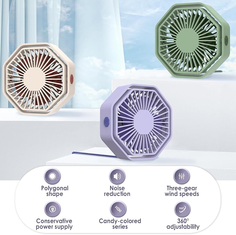 Bigqin USB Asztali Ventilátor 360° Forgó 3 Fokozat Halk Hexagon Lila