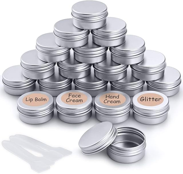 20pcs Empty Cosmetics Container Pots Aluminium Tin Jars with Screw Lids, Labels and Mini Spatula for Cream, Sample, Powder, Makeup Storage (20ml)