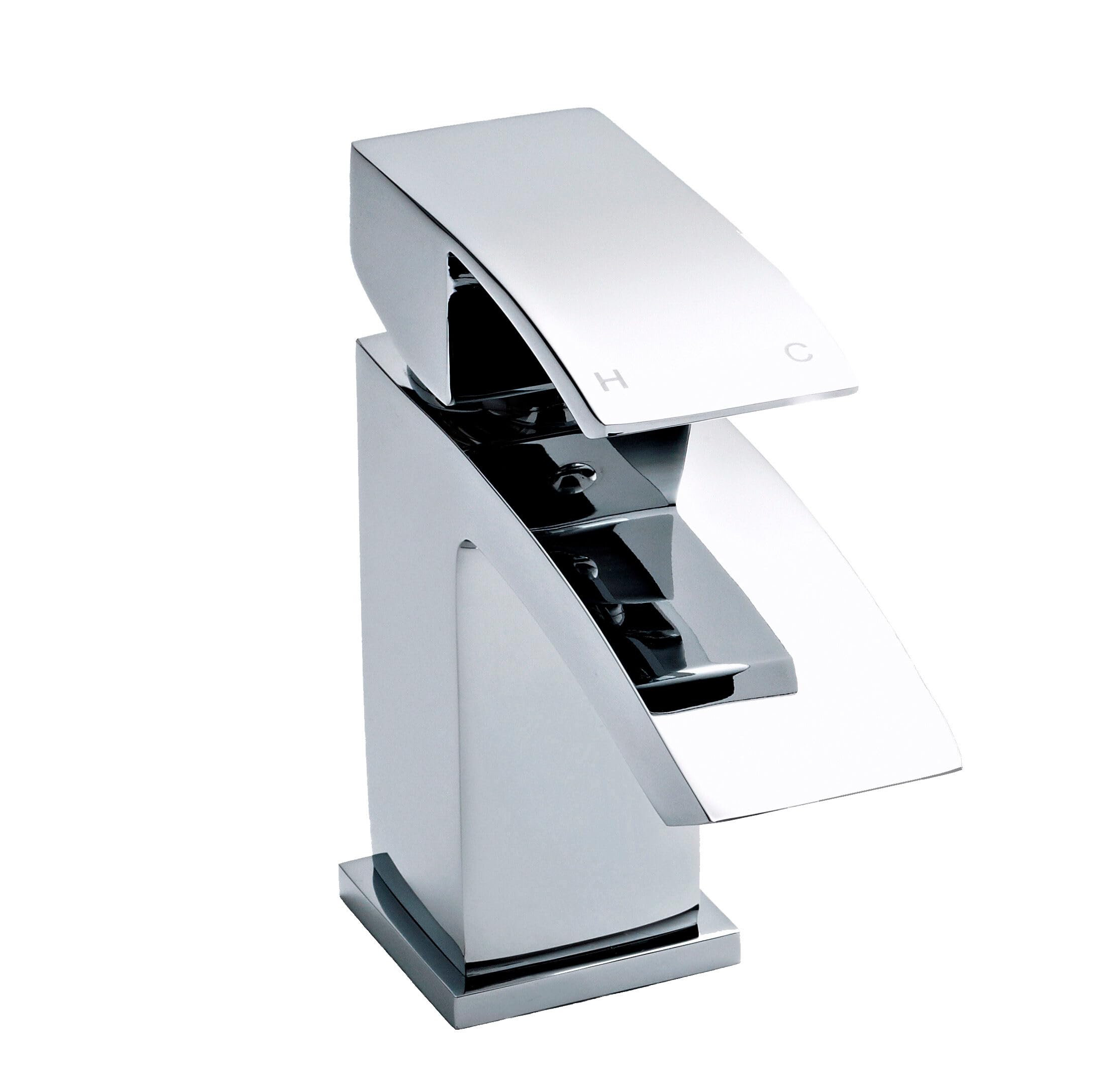 Balterley Silver Bathroom Sink Taps, Mono Basin Mixer Tap With Push Button Waste, Single Lever Temperature Control Bathroom Tap, Square Body, Flat Square Curve Down Spout Taps - 55 X 134 X 180Mm (Chrome)