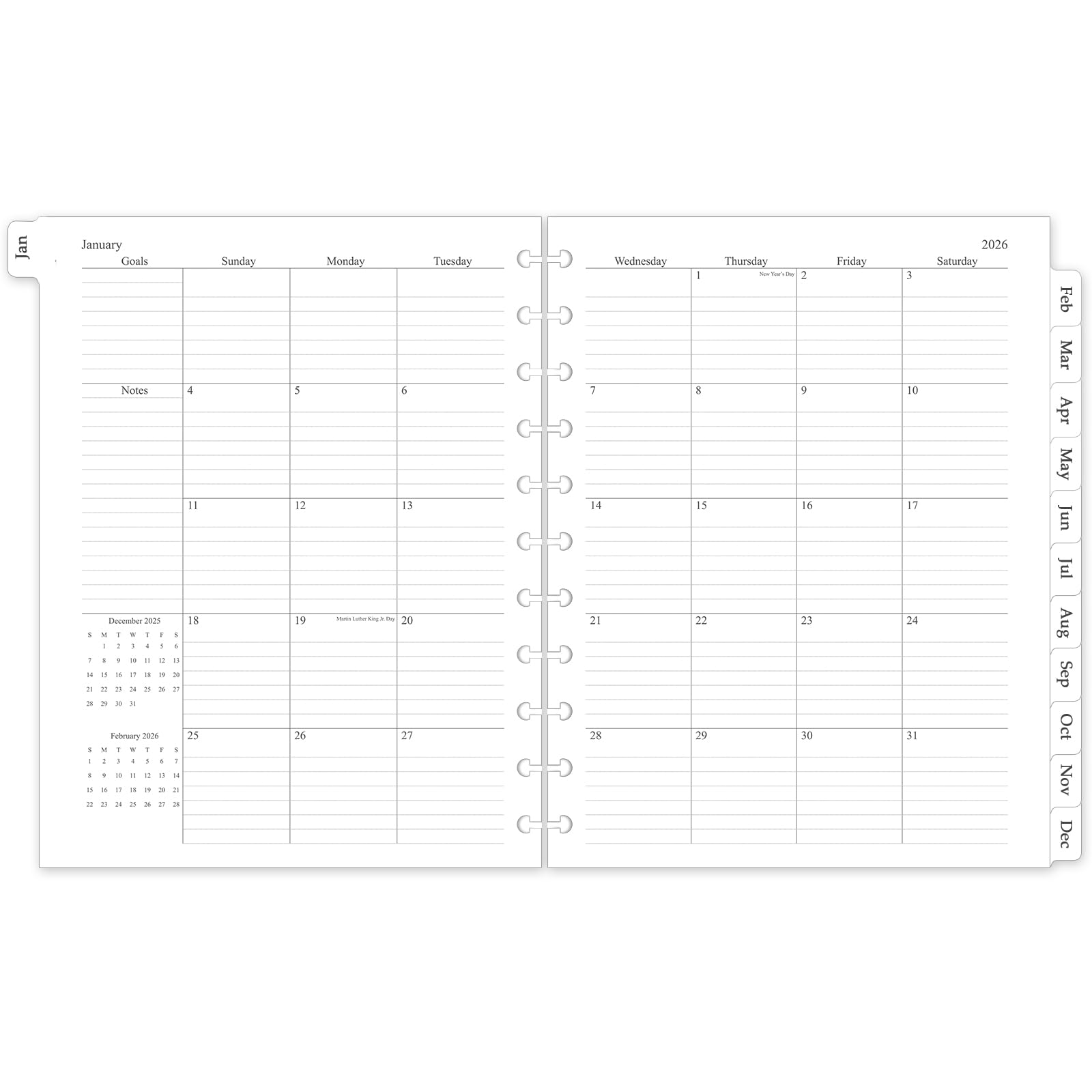 2025 Monthly Planner Refill, A4 Letter Size Planner Inserts for 11-Disc Discbound, 8.5"x11", Jan. 2025 - Dec. 2026, 12 Monthly Calendars with Laminated Tabs