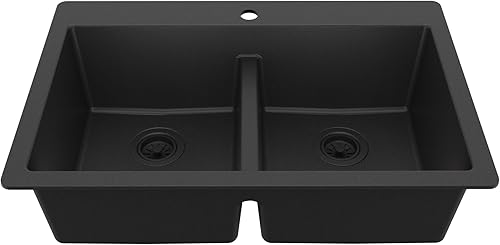 QT-810 - Fregadero de cocina de doble cuenco compuesto de cuarzo negro de 33 pulgadas, divisor bajo 5050, 80% cuarzo natural, resistente al calor de