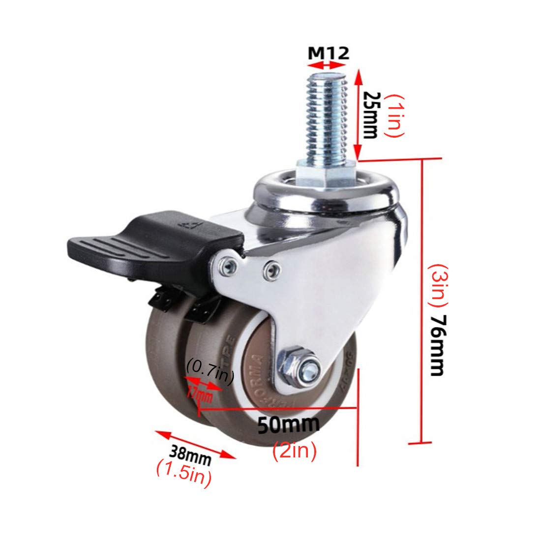 ruote per spostare oggetti pesanti, Ruote con Stelo Girevole,Rotelle Industriali con Stelo Filettato M12x25mm,Ruota Girevole in Gomma Resistente,Doppia Rotella,Rotelle di Ricambio for Mobili,4 Pezzi(f