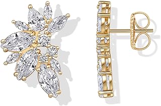 14K Gold Plated Cubic Zirconia Stud Earrings for Women - 925 Sterling Silver Posts Statement Crystal Cluster Wedding Earrings for Brides & Bridesmaids - Trendy CZ Pearl Studs Wedding Jewelry