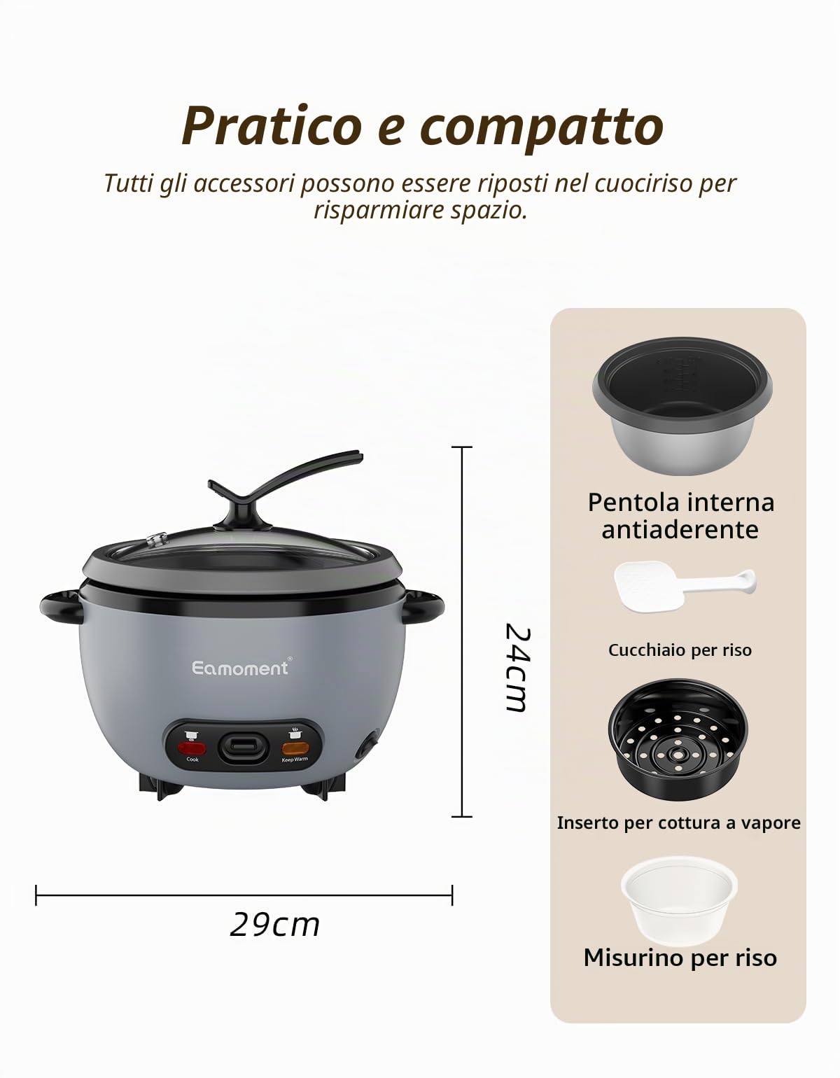 ERC-5P07SL 1L | 400W Cuociriso e Vaporiera 2 in 1 Riscaldare e cuocere 1-5 persone Pentola rimovibile antiaderente