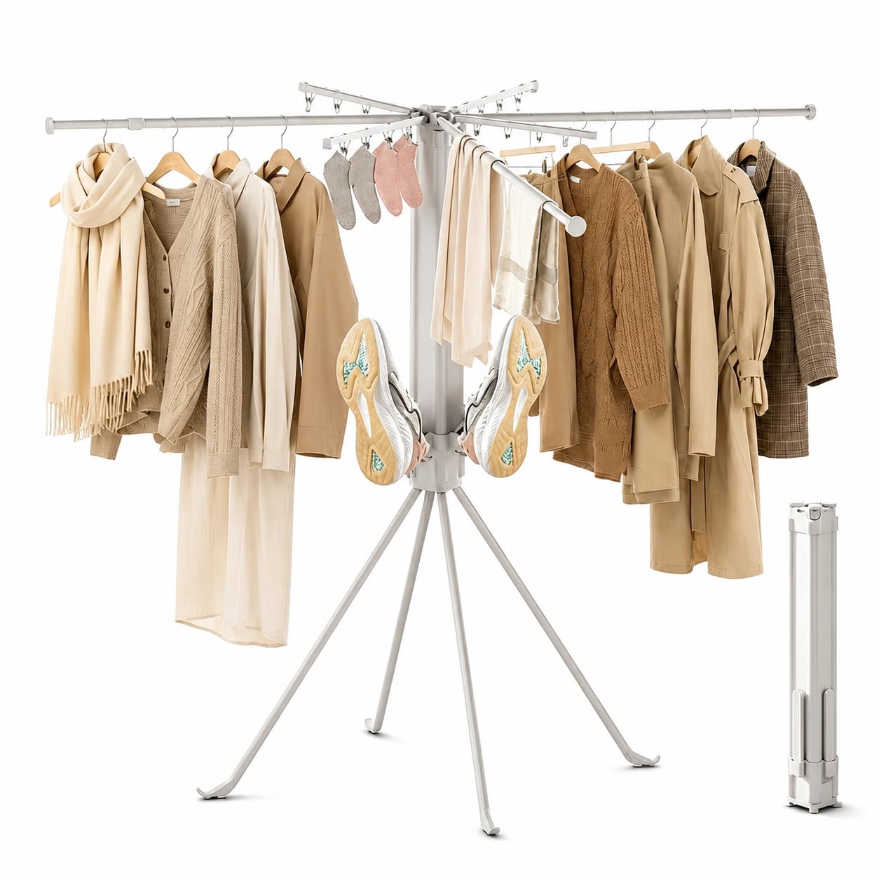 Vierbeiniger Wäscheständer, Faltbarer & zusammenklappbarer Wäscheständer, Wäscheständer mit Sockenclips & 4 Schuhhaltern, platzsparender Wäscheständer für Innen- und Außenbereich