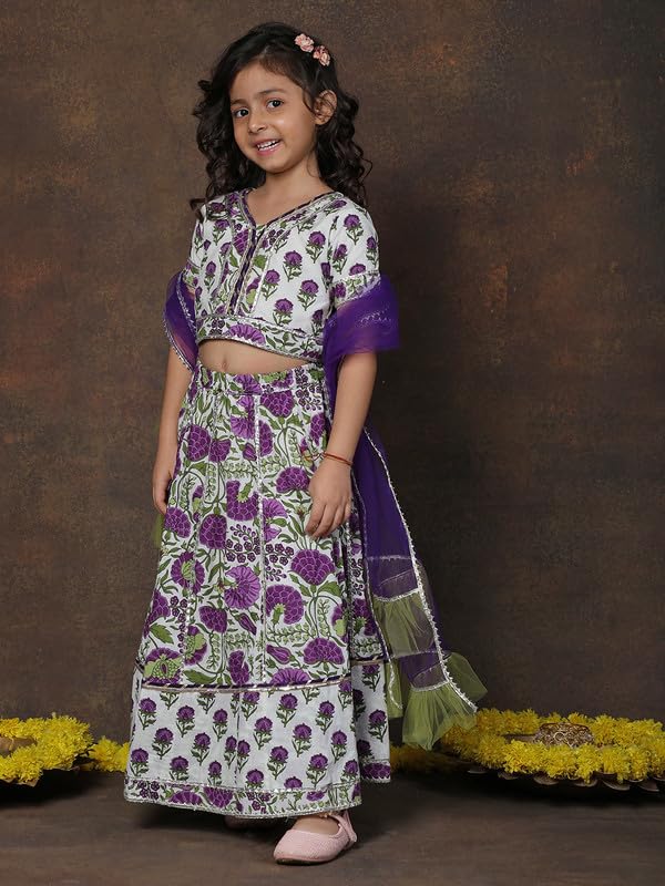 Image of superminis Girls Cotton Floral Printed Gotta Work 3 /4 Sleeves Flared Design Kurti & Sharara Set