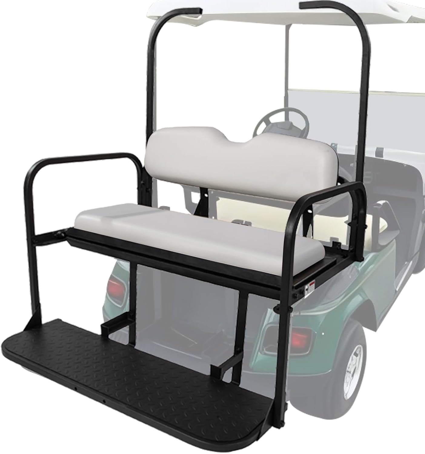 EZGO TXT Golf Cart Flip Folding Rear Seat Kit, White Cushions, Black Powder-Coated Frame, Plastic Footrest, Cooler Box Cutout, Fit for TXT 1995+ Models