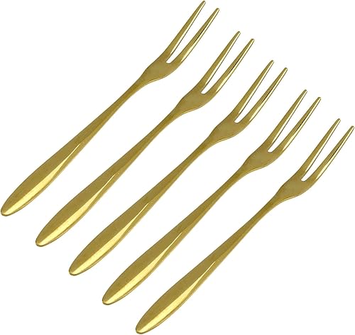 Curqia Tenedores de ensalada pequeños de acero inoxidable, tenedores dorados de 2 dientes para cóctel, aperitivo, fiesta de postres, 5 paquetes