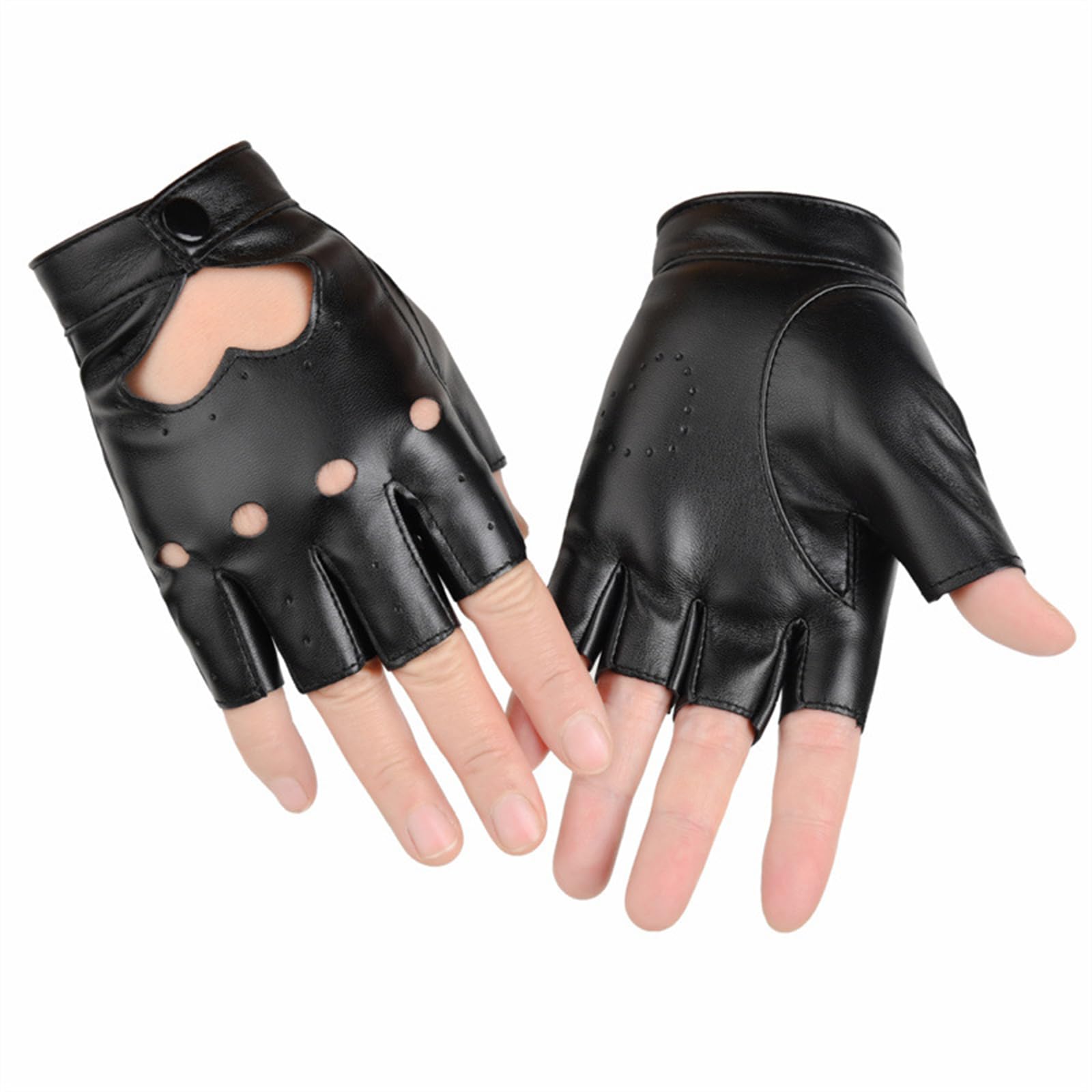 Cerctla Women's Black Half Finger Leather Gloves, Fingerless Hollow Out Punk Pu Leather Gloves, Punk Half Finger Glove, For Motorcycle, Player, Dance, Hip Hop, Rock, Cosplay,