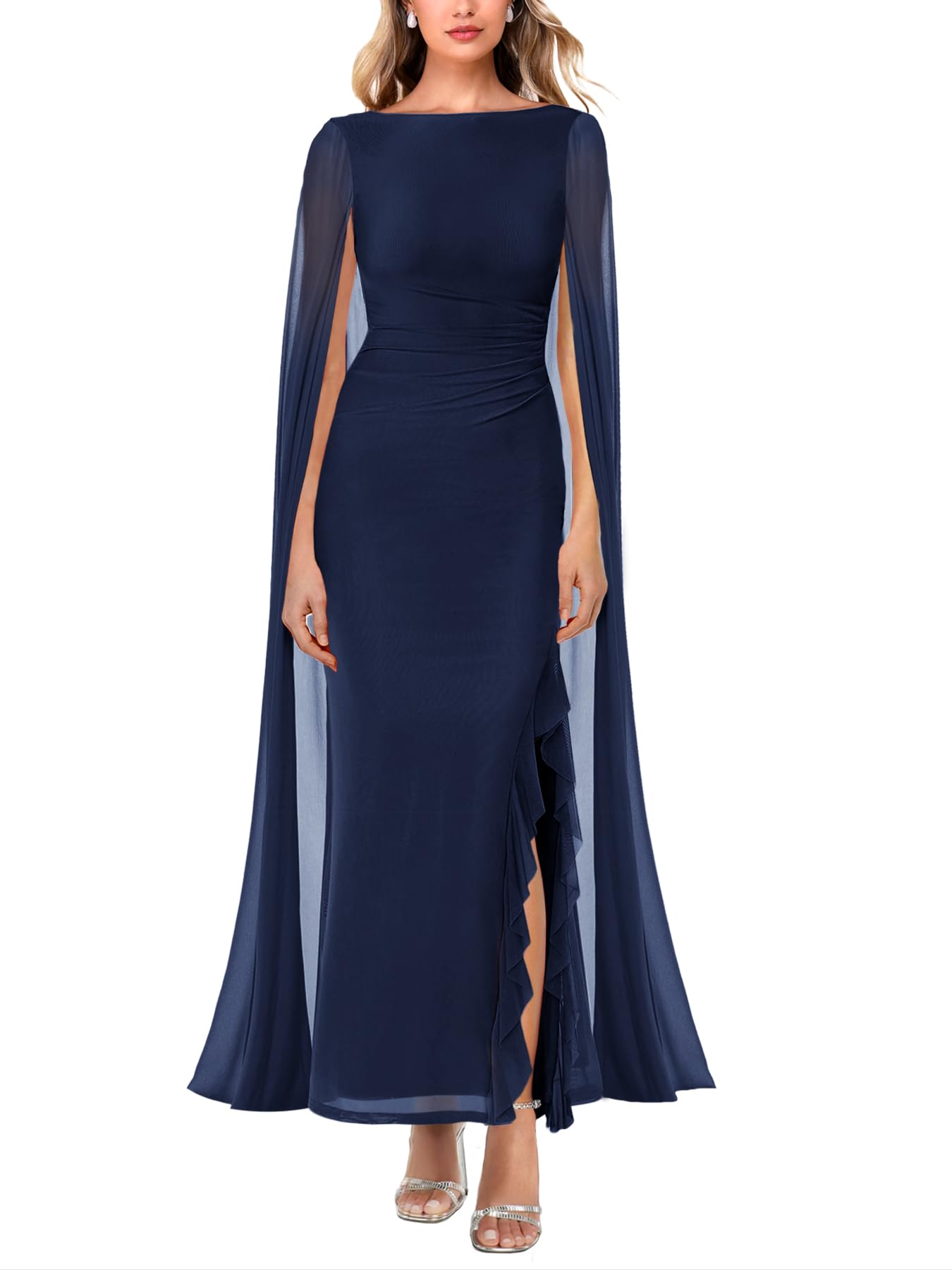Lrady Women's Formal Evening Gowns High Split Ruffle Wedding Guest Cape Sleeve Cocktail Party Maxi Dresses
