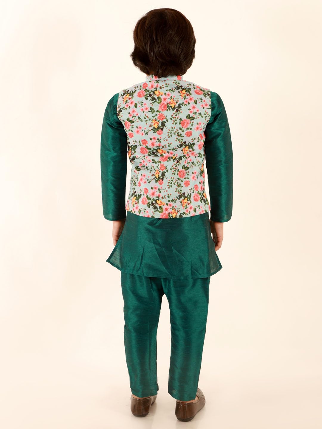 Jbn Creation Boys Silk Blend Green Dupian Silk Kurta, Pyjama And Floral Printed Nehru Jacket Set (B693)
