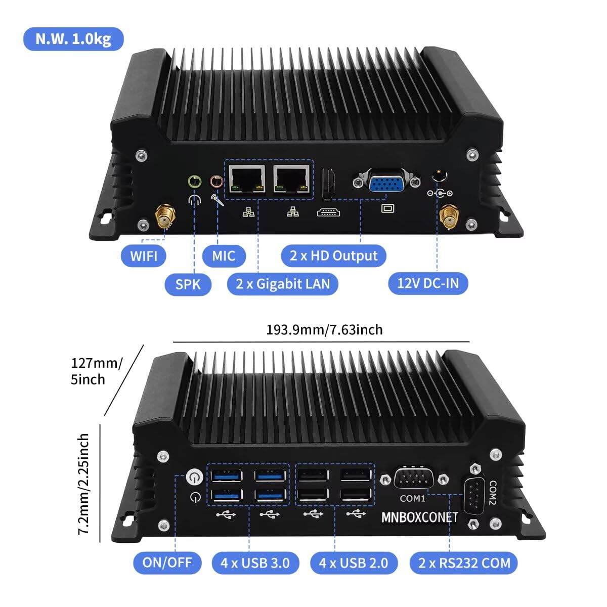 Fanless Mini PC Industrial Core i3 1315U, Micro Desktop Computer Barebone, 2x RS232 COM, 2 x GbE Realtek 8111H, Wifi/BT, Pre-installed Win 11 Pro Appliance Hardware
