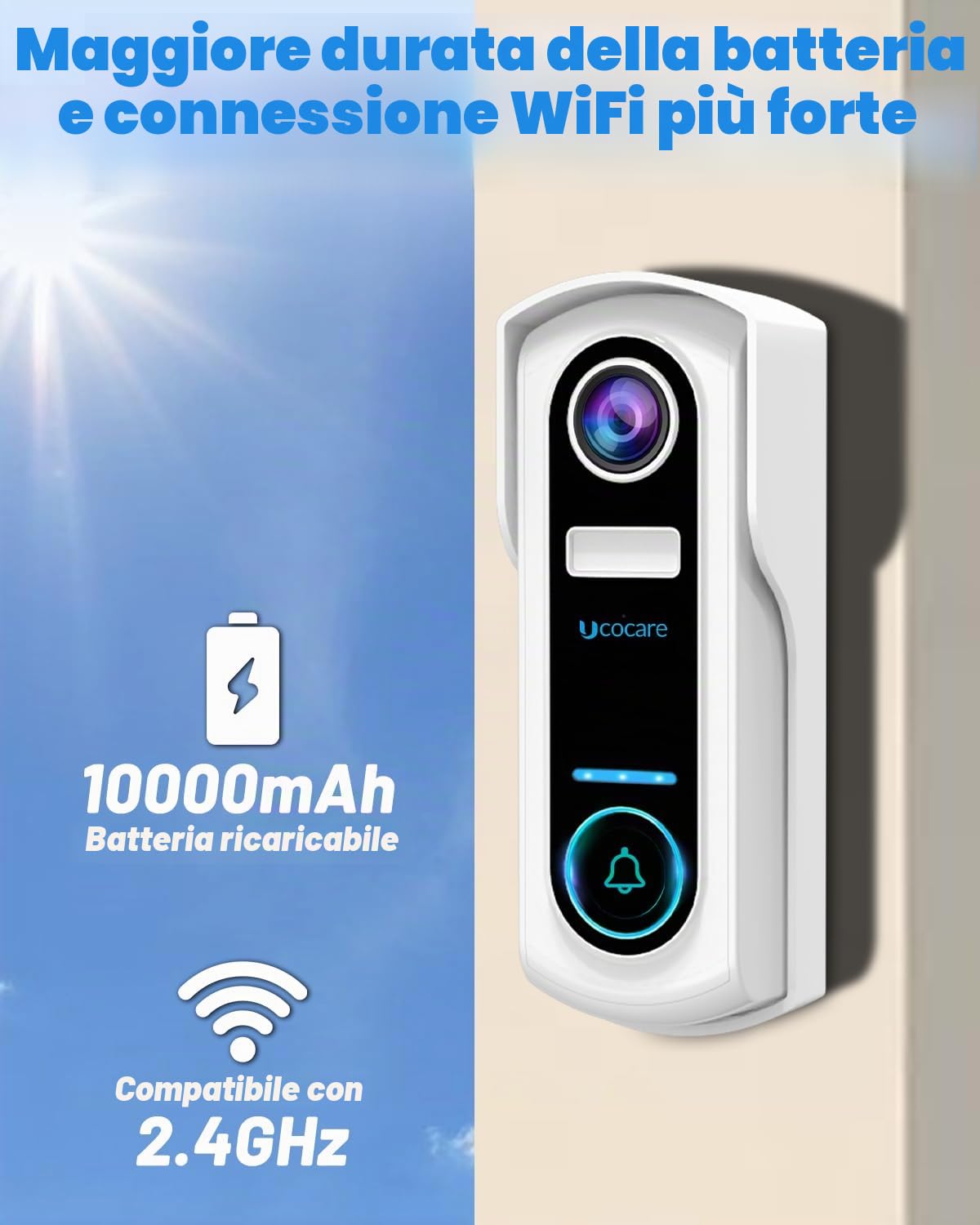 UCOCARE 2K/4MP Campanello Senza Fili da Esterno, Citofono Senza fili da Esterno Wifi Campanello Video, Citofono Telecamera, Alimentato a Batteria, Rilevamento Movimento, IP67 (Campanello USB)