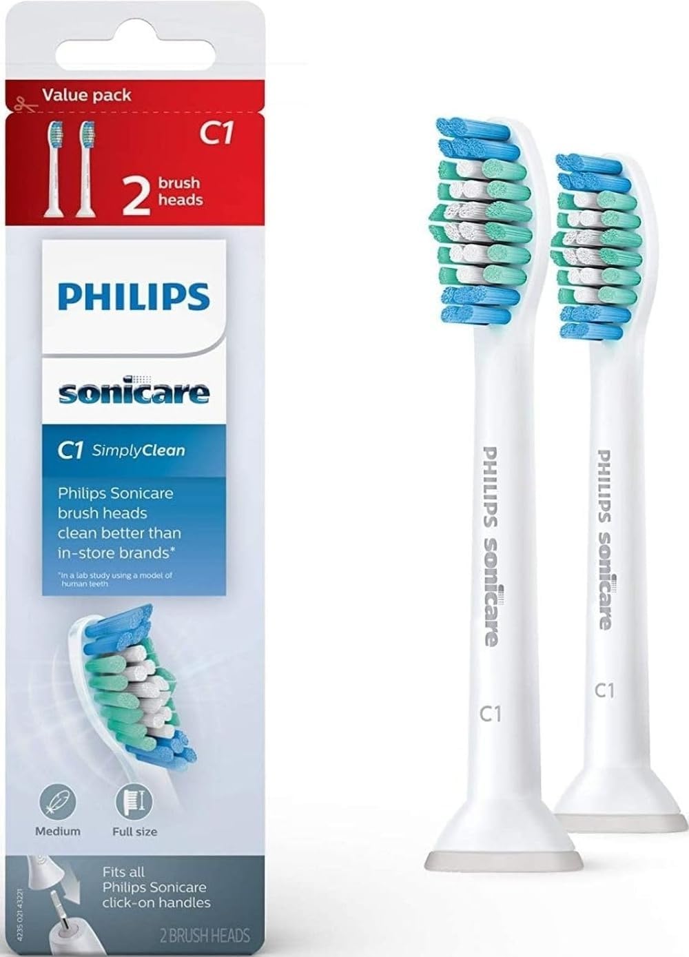 Philips Sonicare C1 SimplyClean - Genuine Replacement Electric Toothbrush Heads, White, 2 Pack, HX6012/04