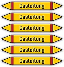 Stickers: 200 x 30 mm, Pack of 6, Group 4, Flammable Gases, Pipeline Marking, According to DIN 2403, Language: German, Gas Line
