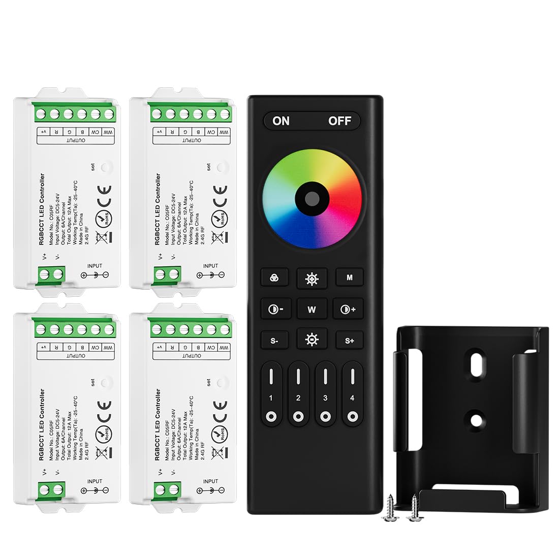 BTF-LIGHTING 5050SMD FCOB COB RGBCCT RF 2.4GHz Wireless Remote RC03RFB &4PCS C05RF Tuya Controller Kit 4 Zones Group Control PWM RGBWW (+ R G B C W) 6pin LED Strip DC5V DC12V DC24V