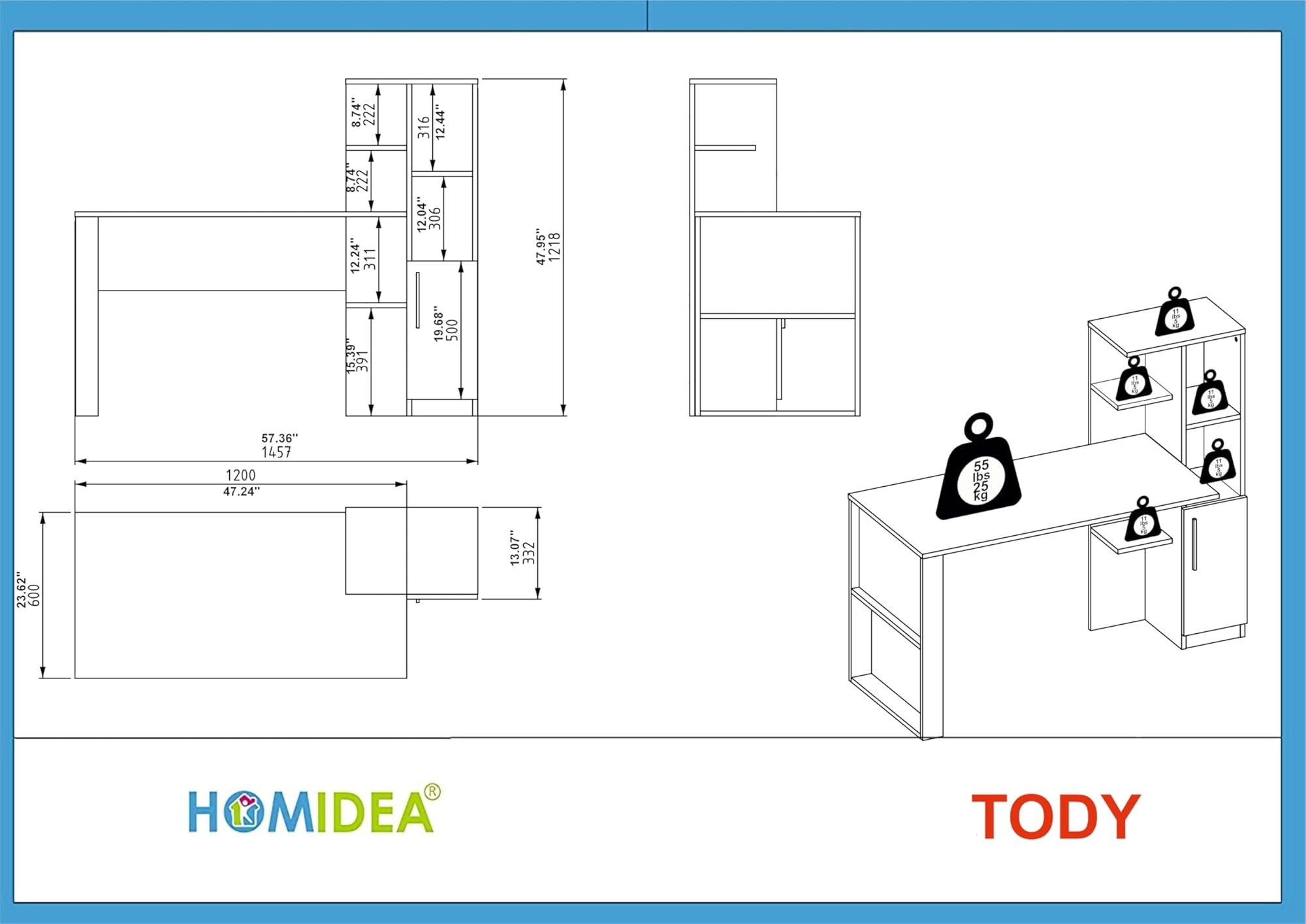 HOMIDEA TODY Scrivania per Computer - Tavolo da Lavoro con ripiani e vano portaoggetti con anta dal design moderno per ufficio soggiorno o la cameretta dei bambini (Antrachite/Briarsmoke)