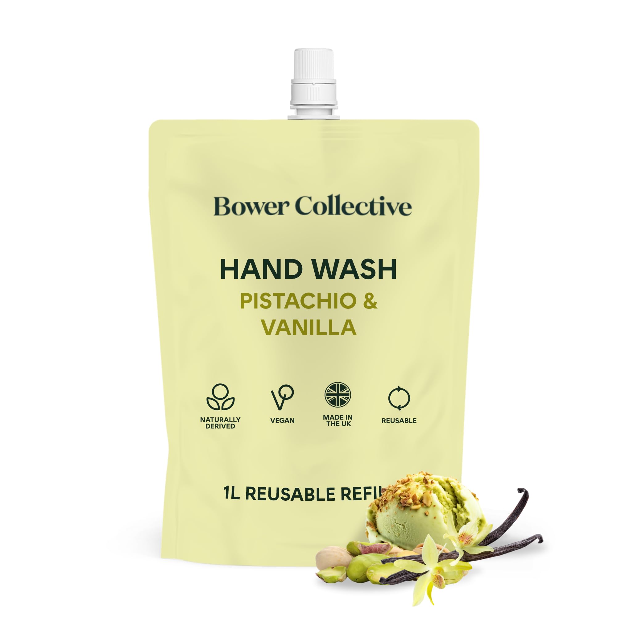 Bower Collective Natural Antibacterial Liquid Hand Soap Refill, Pistachio & Vanilla Handwash Refill, Eco-Friendly Soap