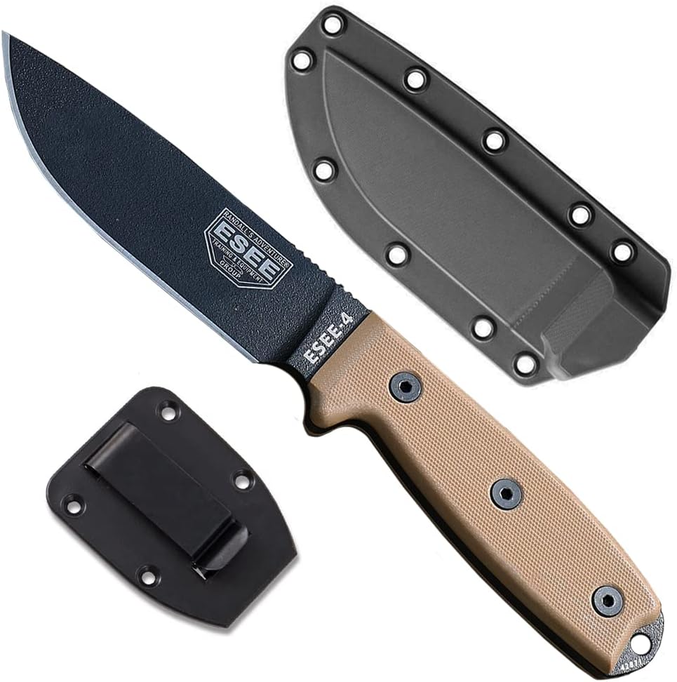 ESEE 4P Survival Knife – Field Tested Fixed Blade Knife with Molded Polymer Sheath & Clip Plate, Full Tang, Plain Edge – Durable Outdoor Camping Blade with Sheath for Survival