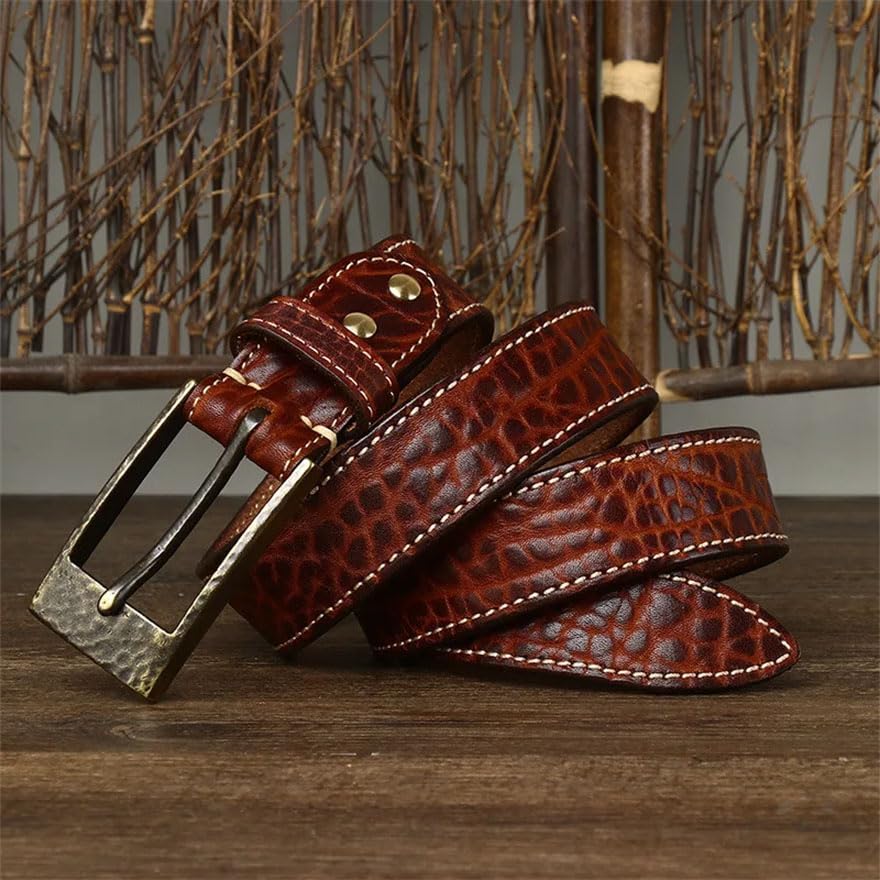 Pohullan Mens 3.8cm Belts Retro Thick Leather Belt Brass Buckle Casual Jeans Belts4