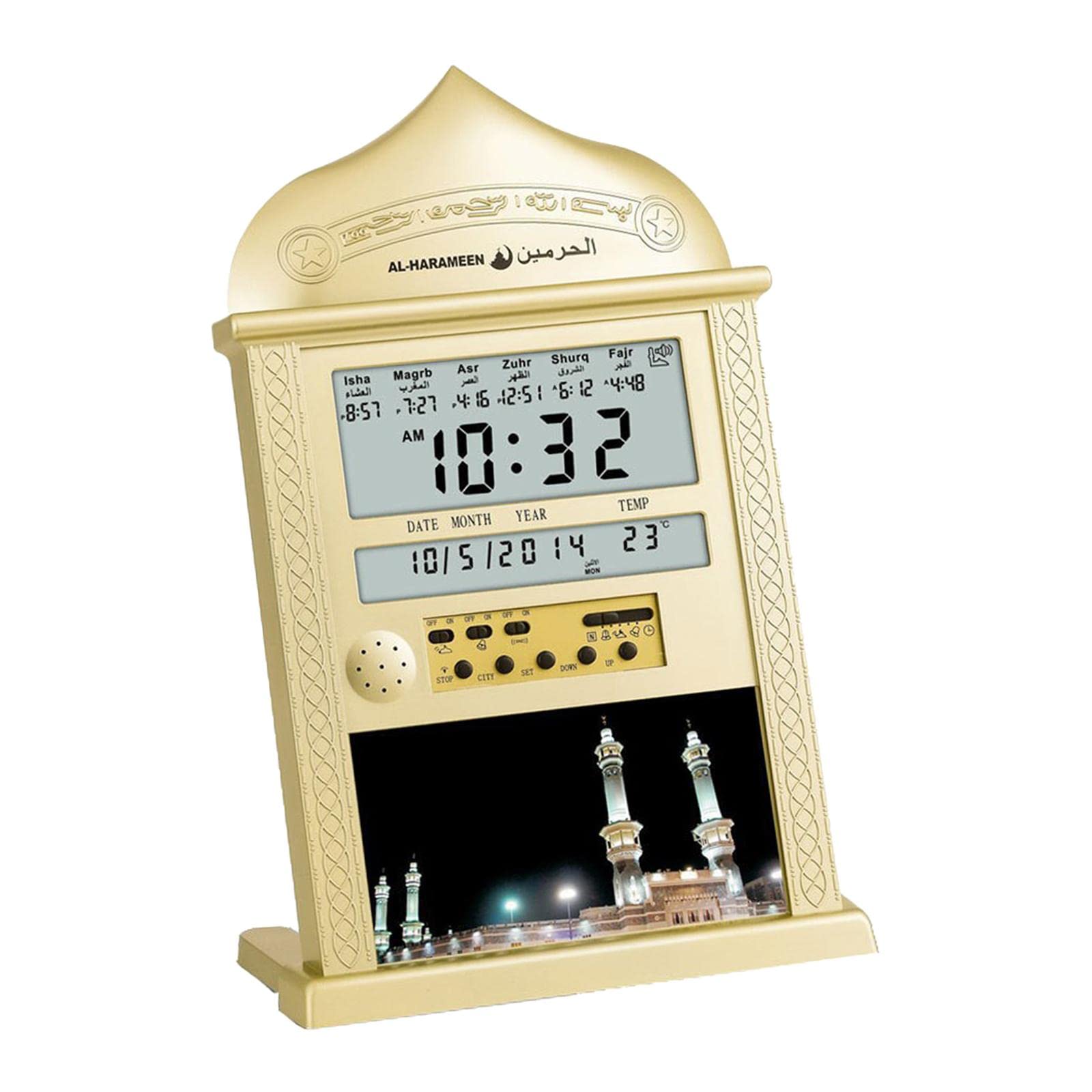Azan Horloge Murale Islamique Réveil Digital Affichage Temps Date Plastique Fonction Azan Adaptée pour Décoration Maison Cuisine Bureau, doré