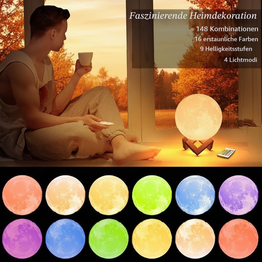 Mydethun 2025 Geschenke für Weihnachten Aktualisieren 16 Farben Mondlampe mit Holzsockel, 18cm LED 3D Mondlicht, Fernbedienung, Nachtlicht, Lampe für Kinder,Mädchen,Schlafzimmer,Heimdekoration