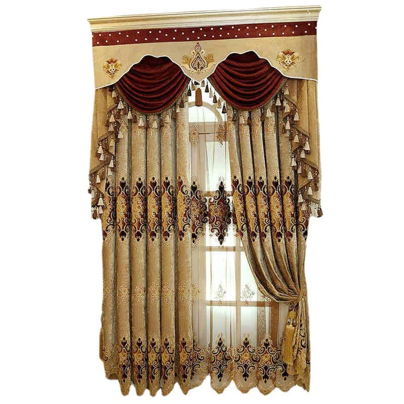 Rideaux brodés de Luxe européens pour Le Salon Rideaux pour Chambre à Coucher Marron Tulle Fenêtres Blackout Toile de Fond Valance-Tulle,W250cmxL250cm 1PC,Pull Plissé Tape