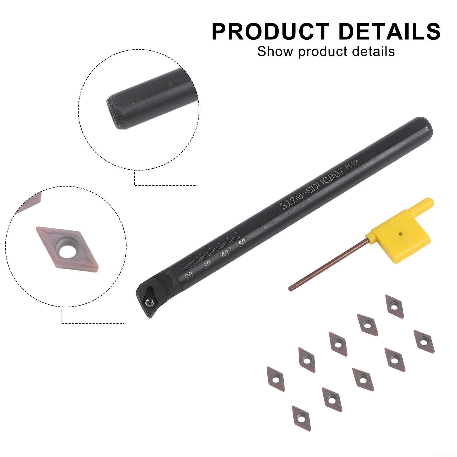 Drehwerkzeughalter S12M SDUCR07 12 mm mit DCMT0702 Hartmetalleinsätzen inkl. T8-Schraubenschlüssel für effizientes Metallschneiden