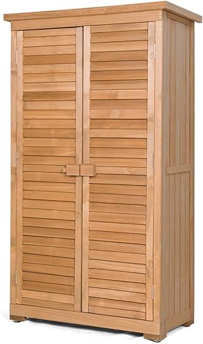 Safstar cobertizo de almacenamiento para exteriores, cobertizo de almacenamiento de herramientas de madera con estantes desmontables y rejillas de