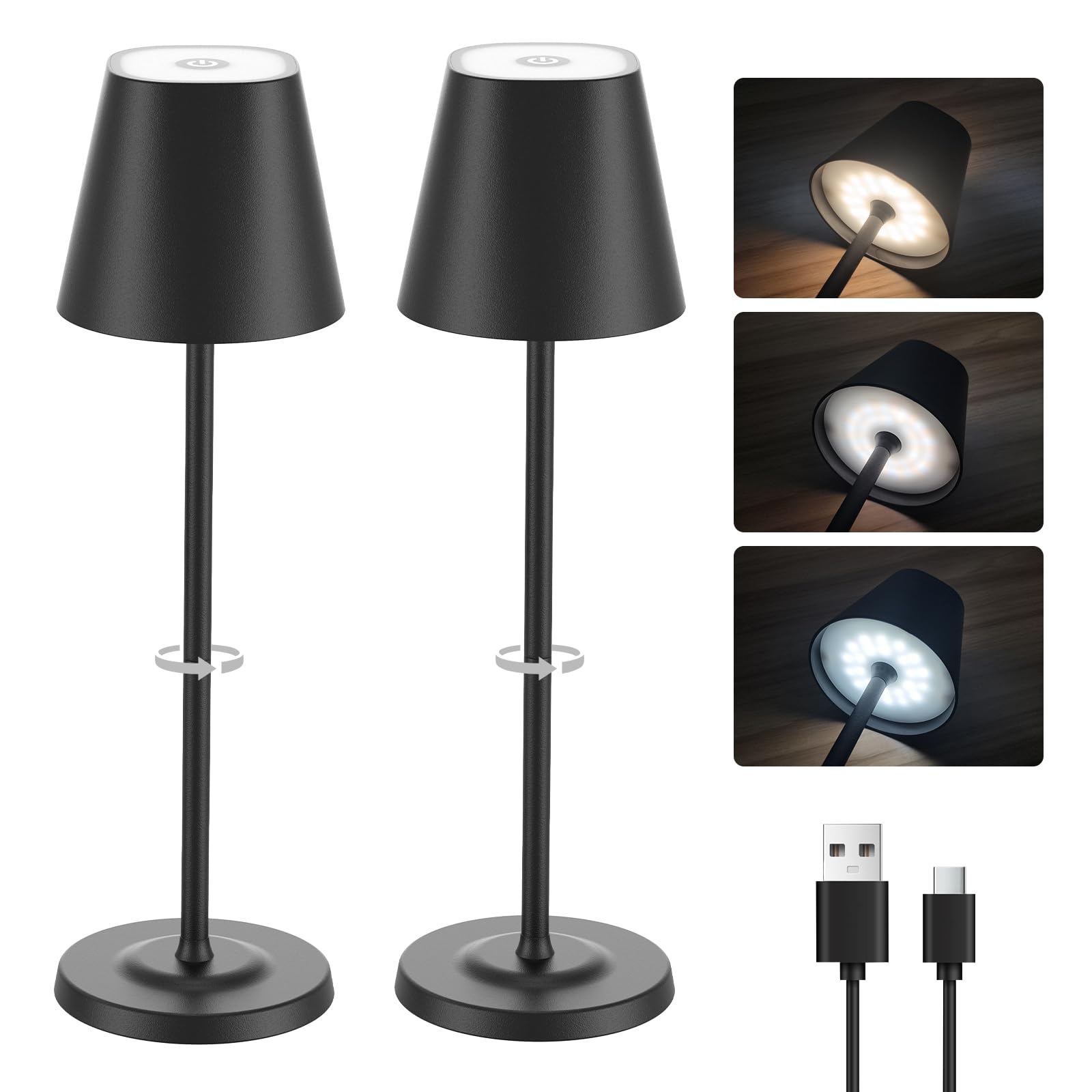 GOODEA 3 in1 Lampada da tavolo senza fili, 3 altezze regolabili e 3 temperature di colore-5500 mAh, dimmerabile senza palo, lampada da tavolo ricaricabile per interni ed esterni, con USB - C [2, nero]