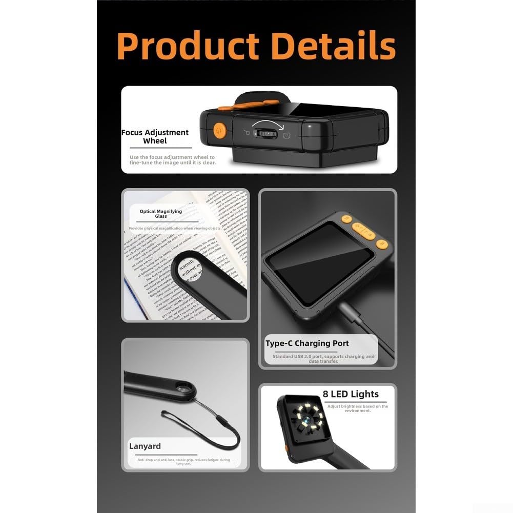 Digitales Mikroskop mit 2,8-Zoll-IPS-Display, Schiebe- und 8 LED-Lichtern, USB-C Aufladbar für Gemologie und Biologie, Schwarz