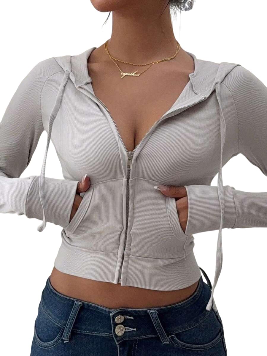 Women's Y2k Hoodie Crop Zip Up Ribber Knit Fall Jacket Tops Slim Fit Long Sleeves Sweatshirt with Pockets