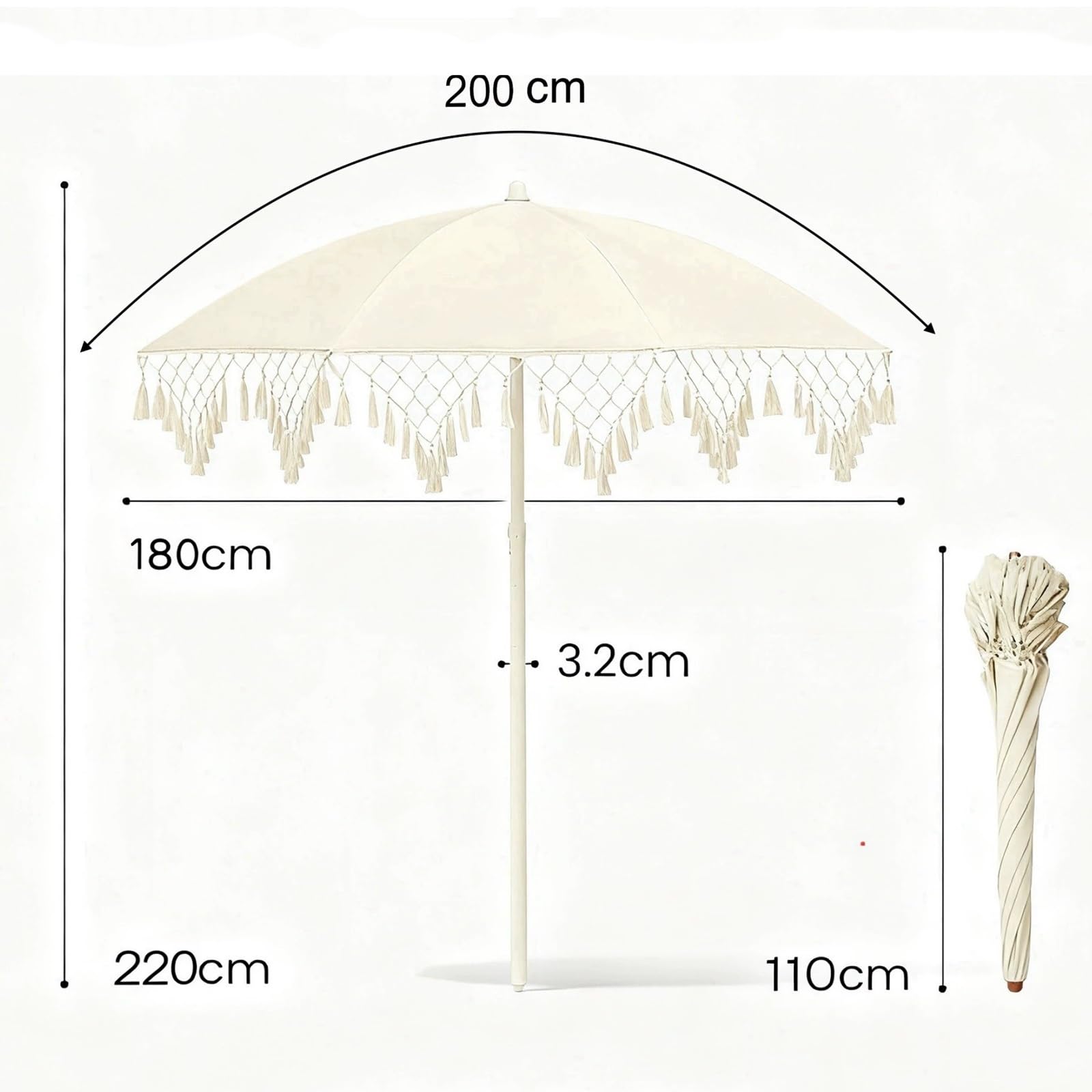 160cm|200cm Ombrellone da Esterno Beige in Macramé con Nappe, Design Triangolare Intrecciato con Frange, Ombrellone Inclinabile per Giardino, Spiaggia E Terrazza(200cm)