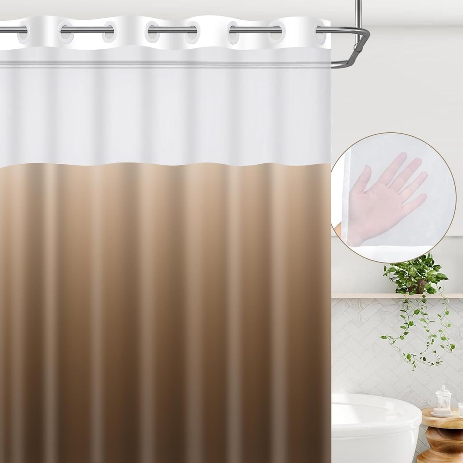 No Hook Ombre Beige Brown Shower Curtain 71x74 Inch, Double Layer Water Proof Bath Curtain with Snap-in Liner, See Through Top Window, Hotel Style Luxury for Bath, Easy Machine Wash