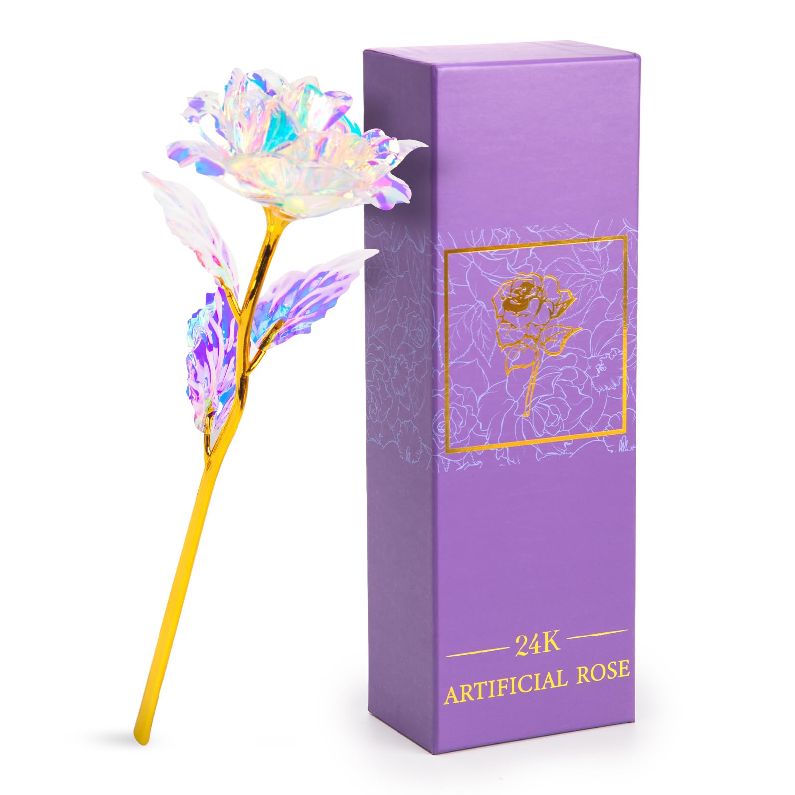 DomeStar Artificial 24K Gold Rose, 9" Rainbow Rose Flower Gift with Gift Box for Birthday Anniversary Romantic Gifts for Her