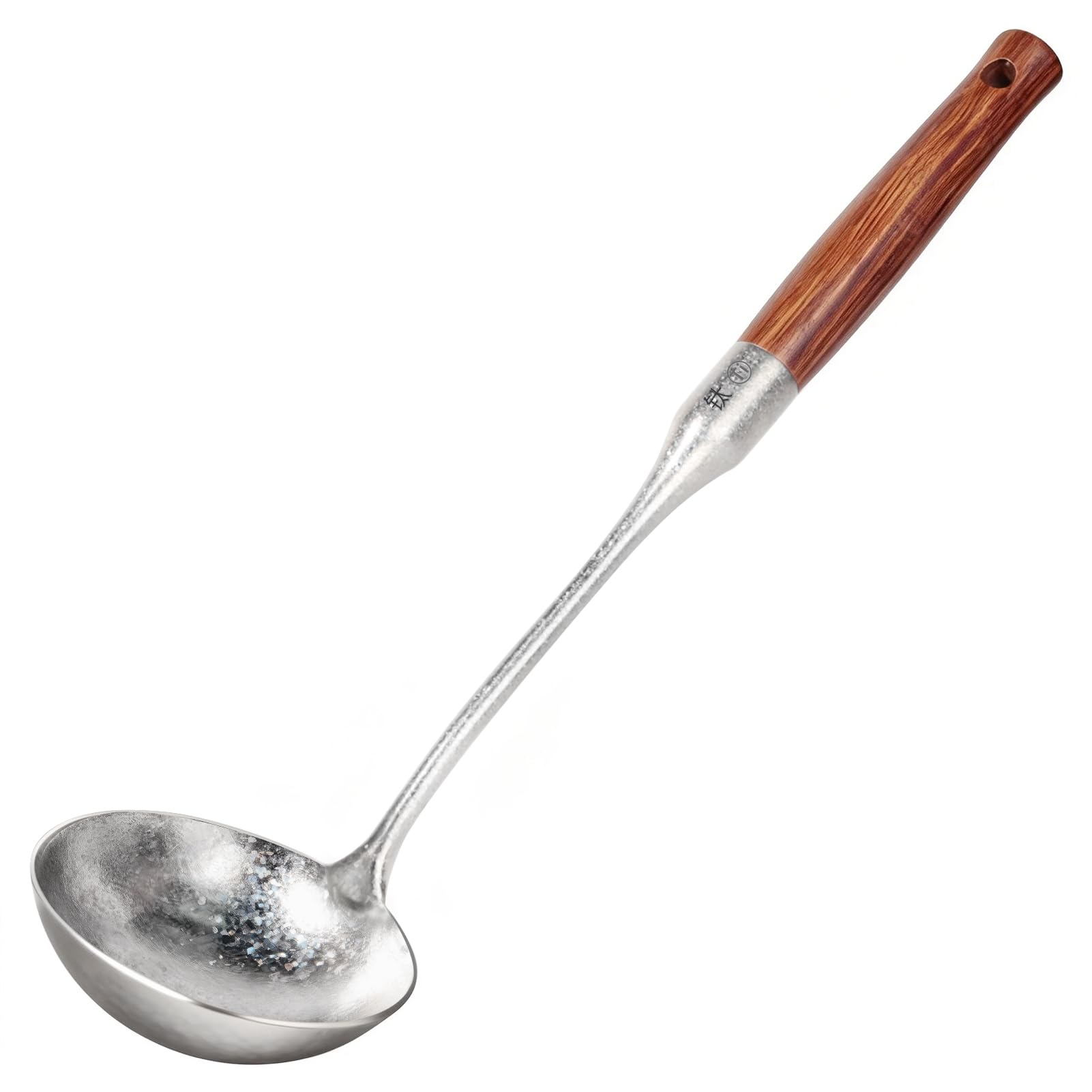 Newness Soup Ladle, [Rustproof, Heat Resistance] Resilient Pure Titanium Soup Spoon with Long Ergonomic Natural Wooden Round Handle, Non-Toxic Cooking Spoon for Kitchen, 14.56 Inches