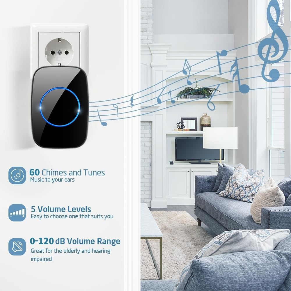 Timbre Inalámbrico sin Pilas, Timbres Inalámbricos Impermeable Autoalimentado, 150M de Alcance, con 5 Niveles de Volumen, 60 Melodías, Indicadores LED(2 Receptor y 2 Transmisor),Blanca
