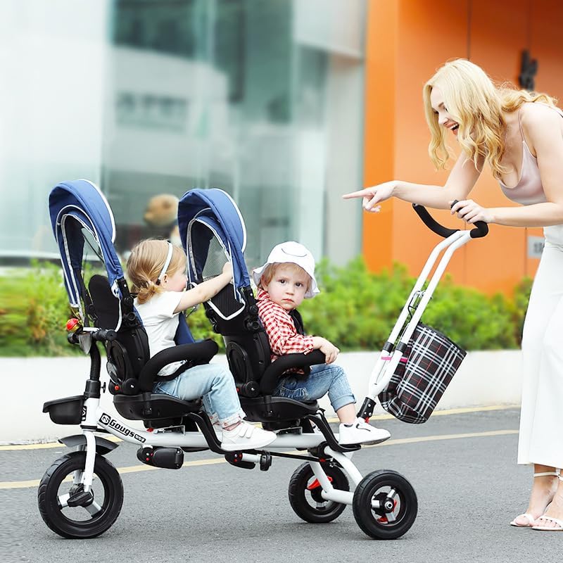 Double Sitting Pedal Car Twin Baby Stroller for 1-5 Years Old - Steerable, Durable, and Stylish (4 Colors Available) carriola para Bebe(Blue)