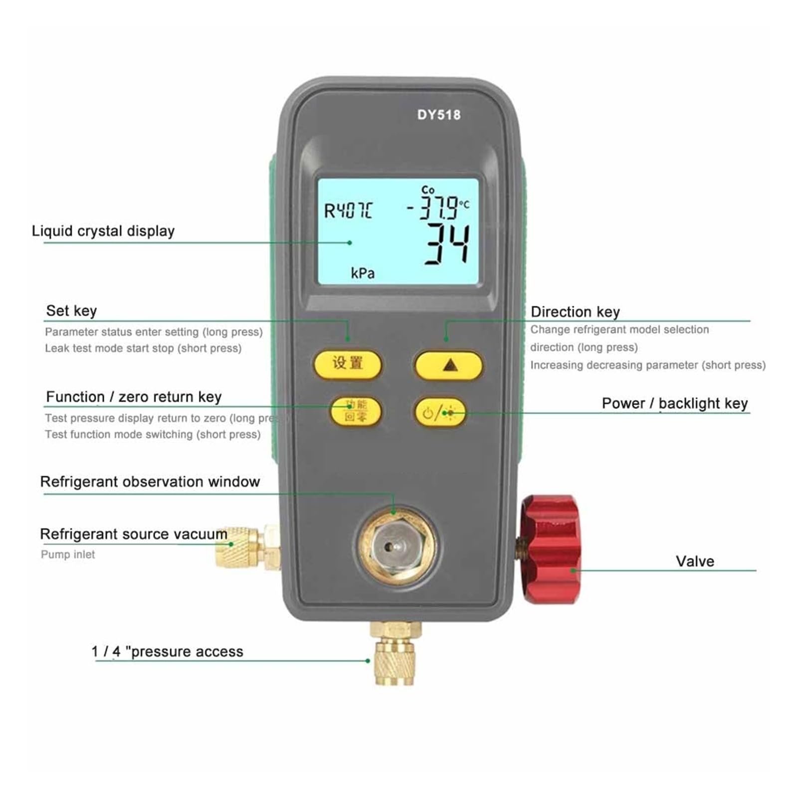 Medidor de presión de refrigeración digital Colector Medidor de vacío digital Presión Freón Manómetro Probador de temperatura CalibracióN Precisa
