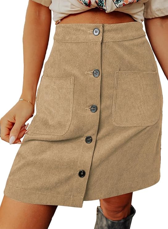 Happy Sailed Cargo Skirts for Women Casual A Line Slim Fit Button Down Mini Skirt High Waist Corduroy Skirts Trendy Fall Fashion 2025 Khaki Large