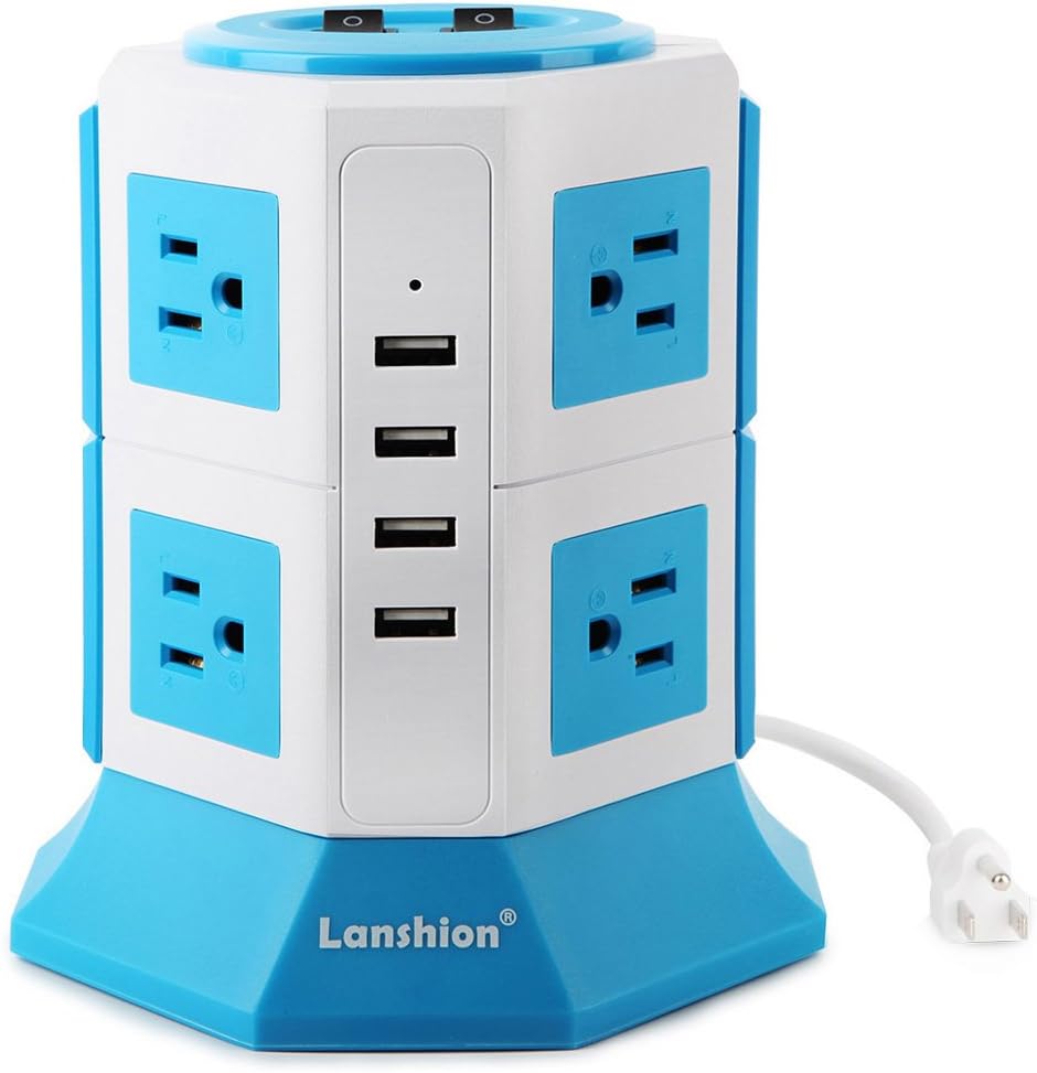 8 Outlet Surge Protector Power Strip with 4 USB Charging Ports 1875W Desktop USB Charging Station with 6.5-Feet Long Power Cord, 1000 Joules, UL Listed(White + Blue)