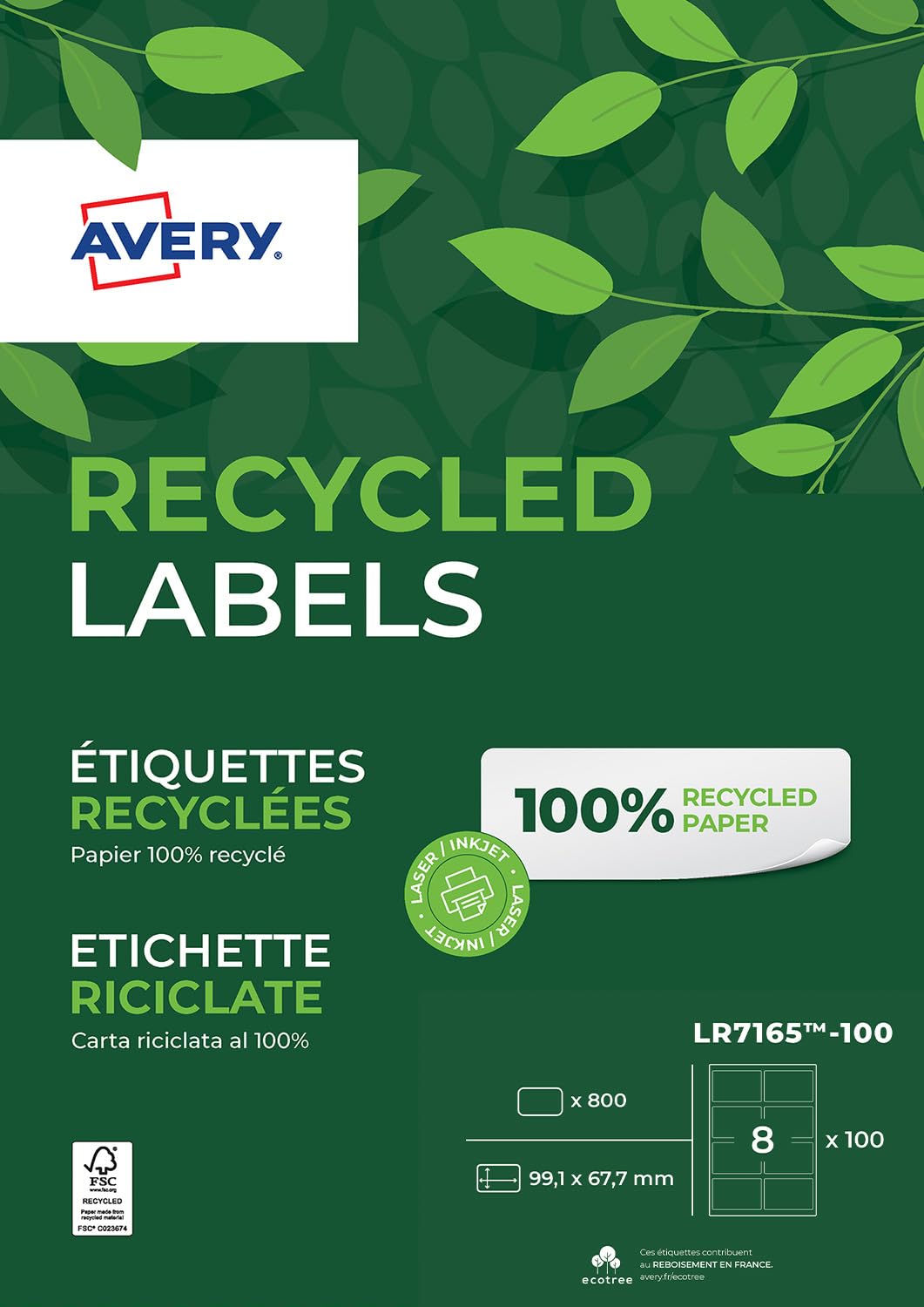 AVERY Zweckform LR7165-100 Versand-Etiketten (A4, 800 Stück, Recycling, 99,1 x 67,7 mm, 100 Blatt) weiß