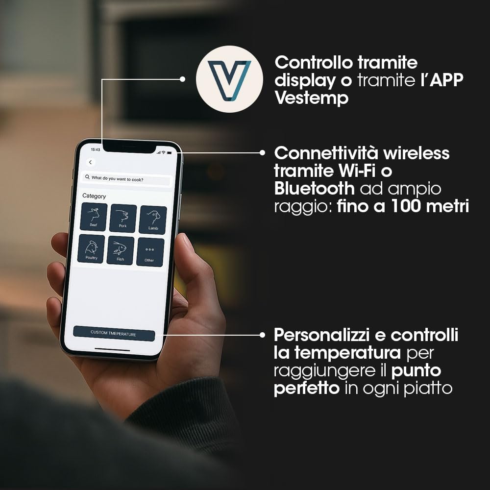 Vesta Precision Termometro Wireless per Barbecue Vestemp BP20 | Sonda di Cottura Intelligente con Bluetooth e Wi-Fi, display LED, Lavabile in Lavastoviglie, Durata della Batteria di 72h