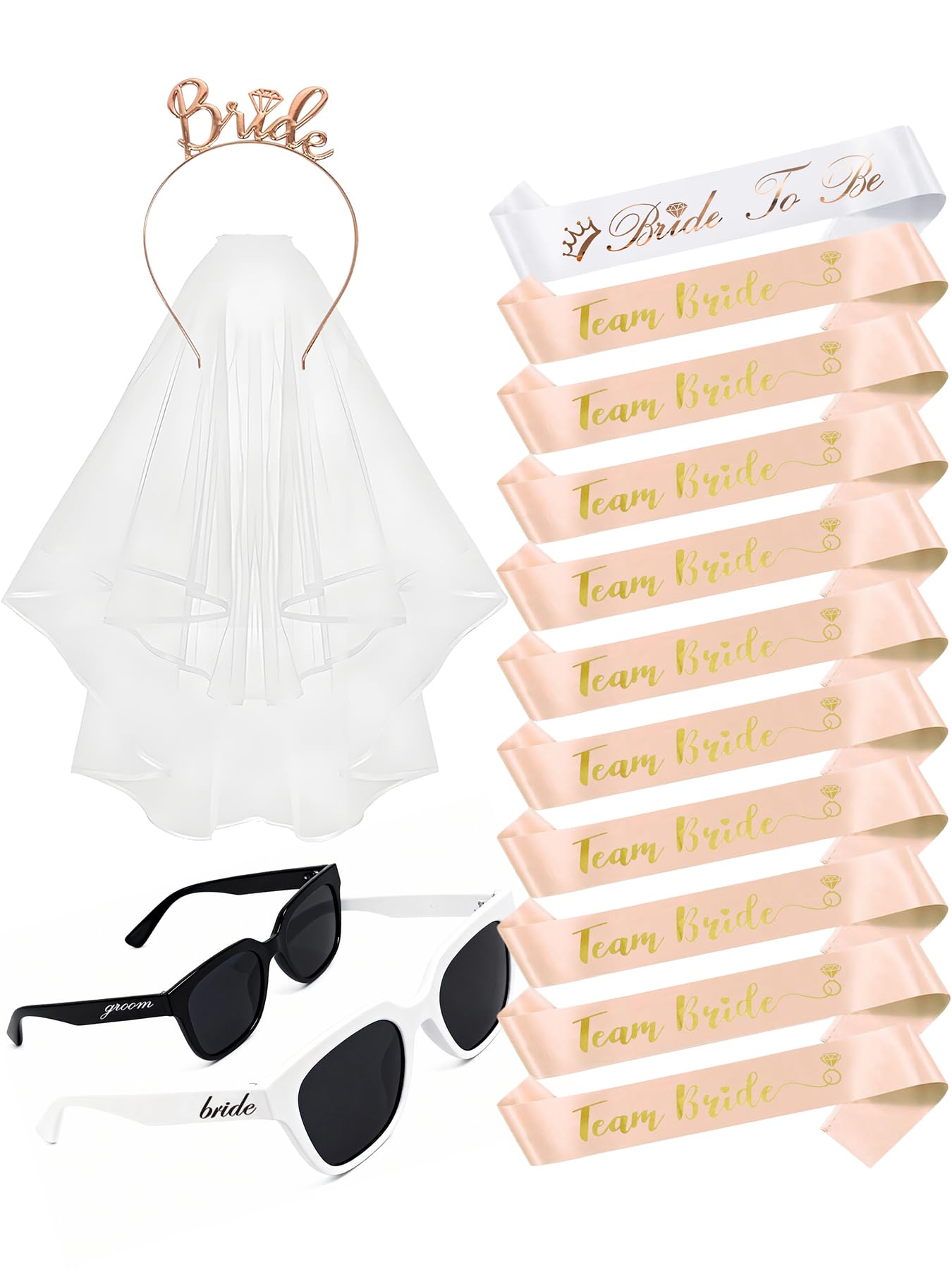 luckystardom Hen Party Accessories Set - Bride to Be Sash, Team Bride Sashes, Tattoos, Veil, Tiara - Bachelorette Parties Bridal Party Favours TZ01