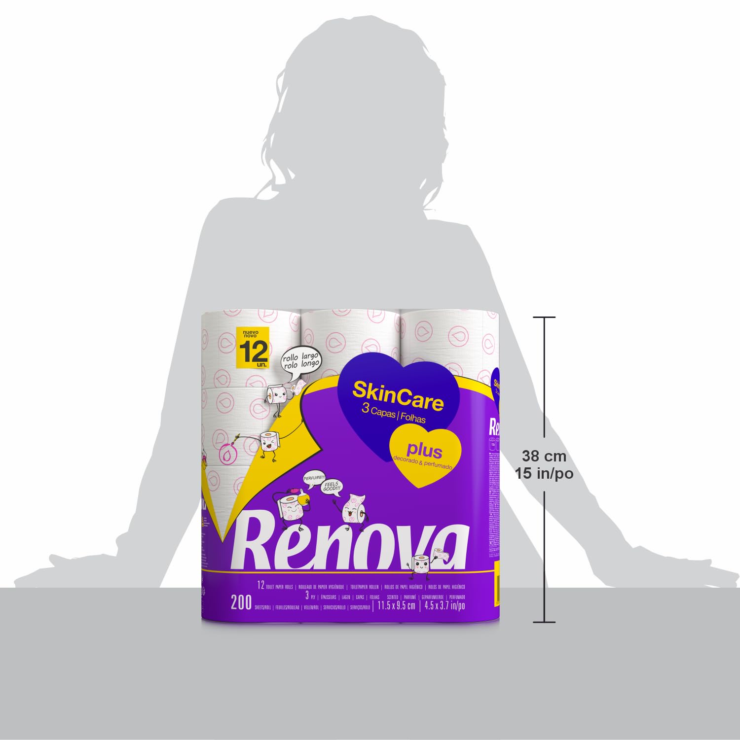 Renova Papel Higiénico Skin Care Plus Decorado Perfumado - 12 Rollos (Papel WC)