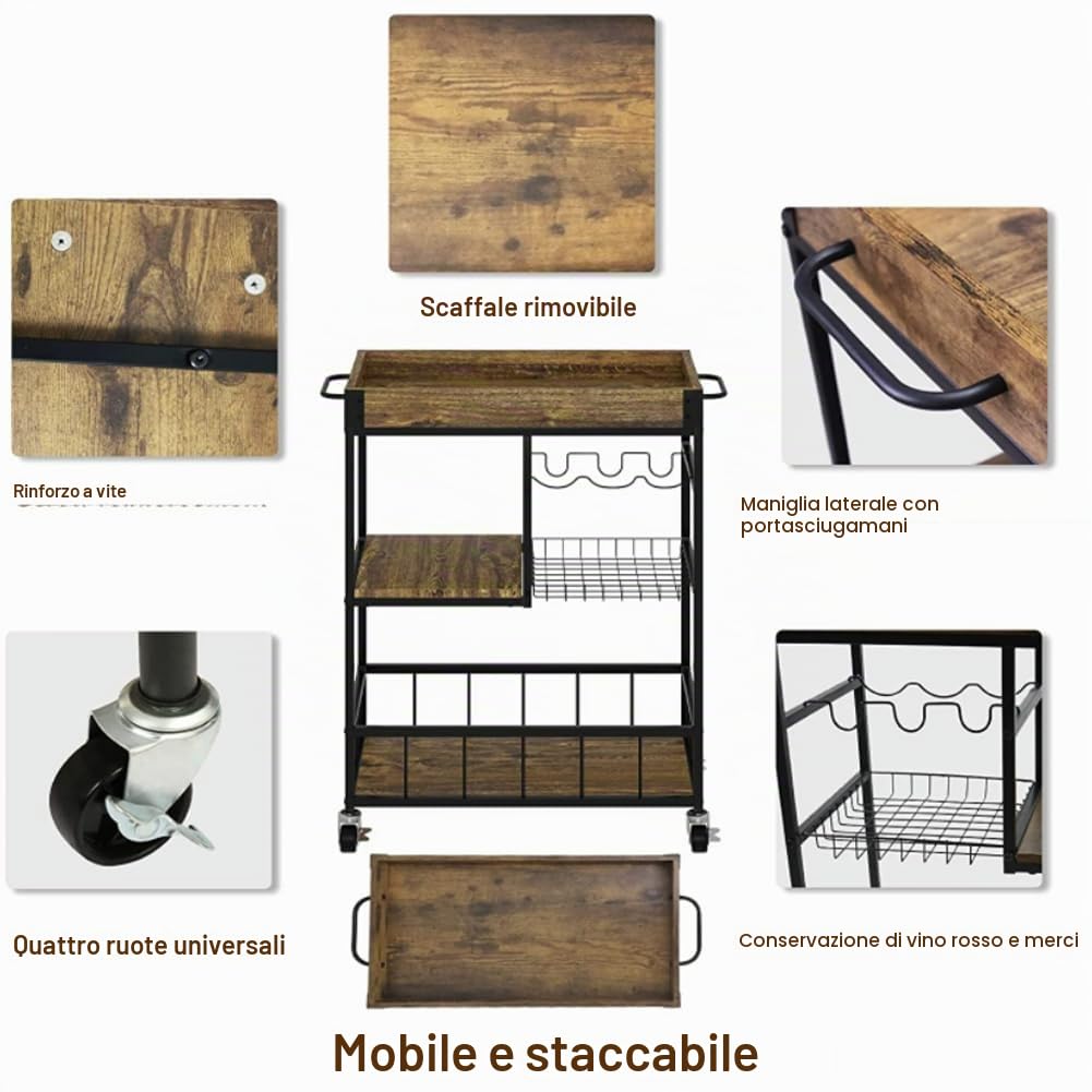 BAKAJI Carrello da Cucina Multiuso Portaoggetti Salvaspazio con Ripiano Separabile e 4 Ruote, Carrellino Stile Industrial con Struttura in Ferro nera e Ripiani in Legno Noce, Scomparto Portabottiglie